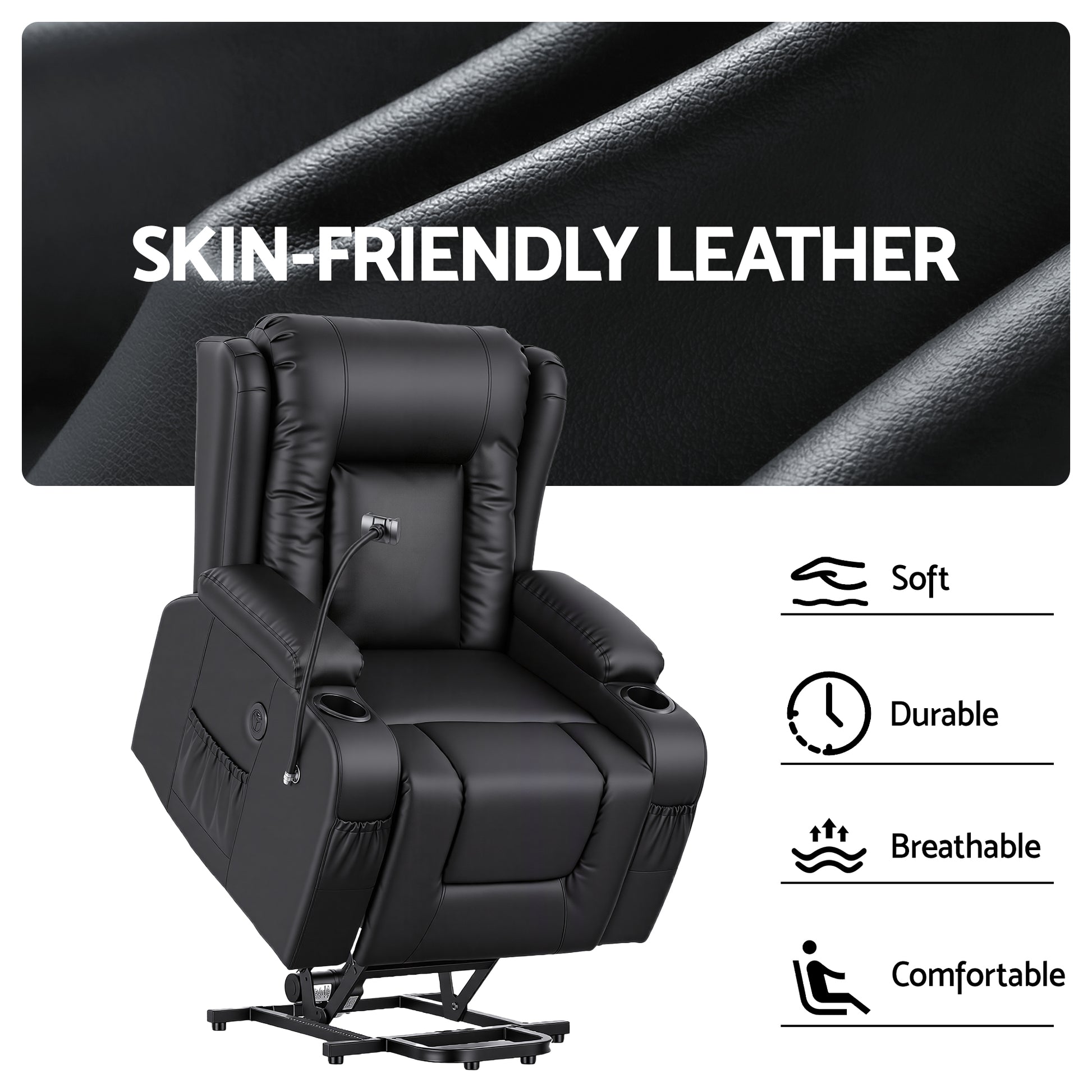Artiss Power Lift Recliner Chair with Massage and Heat for Elderly, Electric Sofa Reclining Chair with USB RECLINER-A5-UB-PU-BK-AB