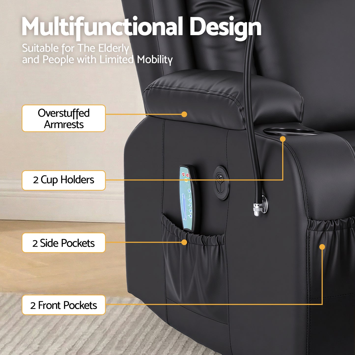Artiss Power Lift Recliner Chair with Massage and Heat for Elderly, Electric Sofa Reclining Chair with USB RECLINER-A5-UB-PU-BK-AB