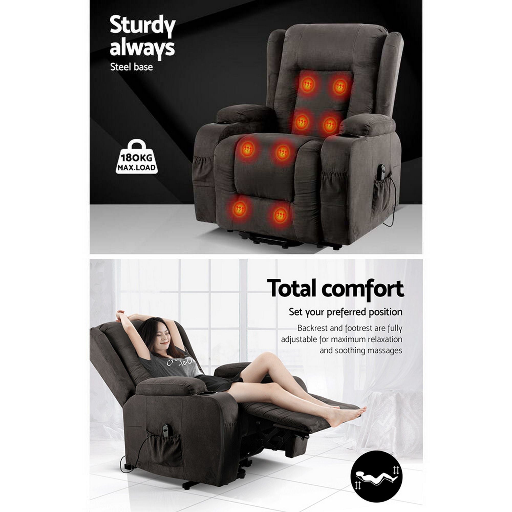 Artiss Recliner Chair Lift Assist Heated Massage Chair Velvet Rukwa RECLINER-A5-VEL-GY-AB