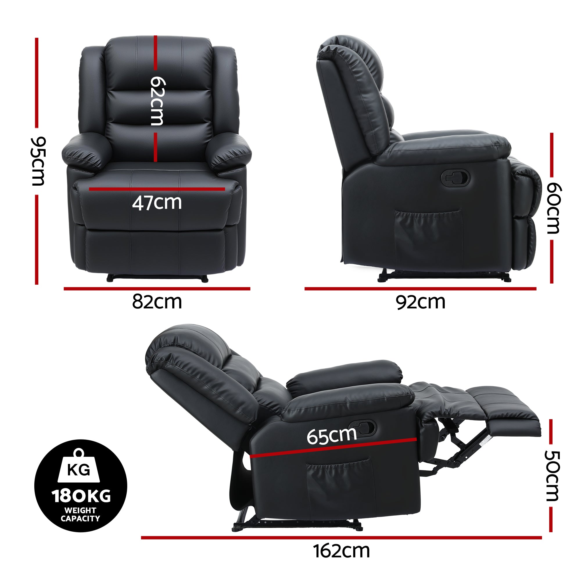 Artiss Manual Recliner Chair Leather Reclining Sofa with 16color Led Black RECLINER-A8-LED-BK-AB