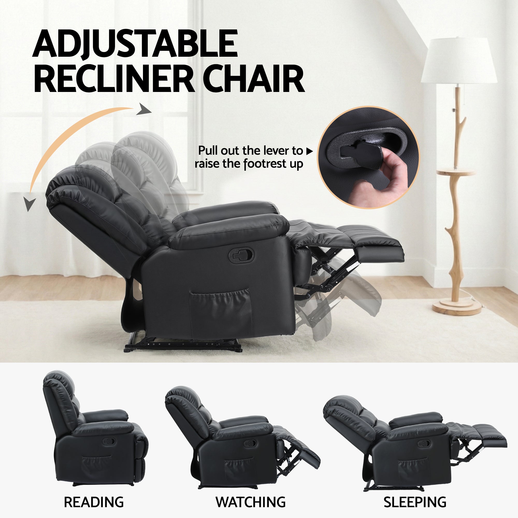 Artiss Manual Recliner Chair Leather Reclining Sofa with 16color Led Black RECLINER-A8-LED-BK-AB