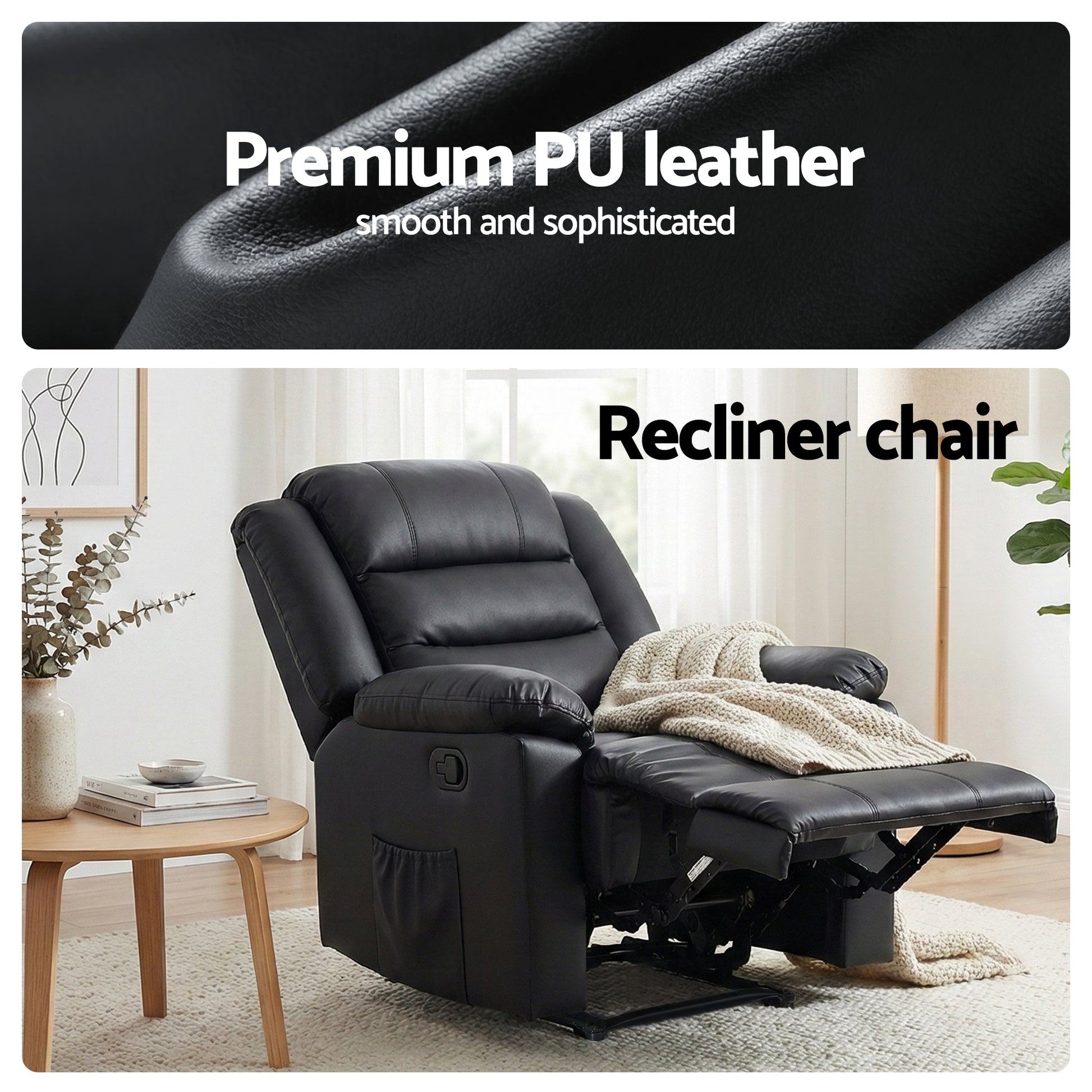 Artiss Manual Recliner Chair Leather Reclining Sofa with 16color Led Black RECLINER-A8-LED-BK-AB
