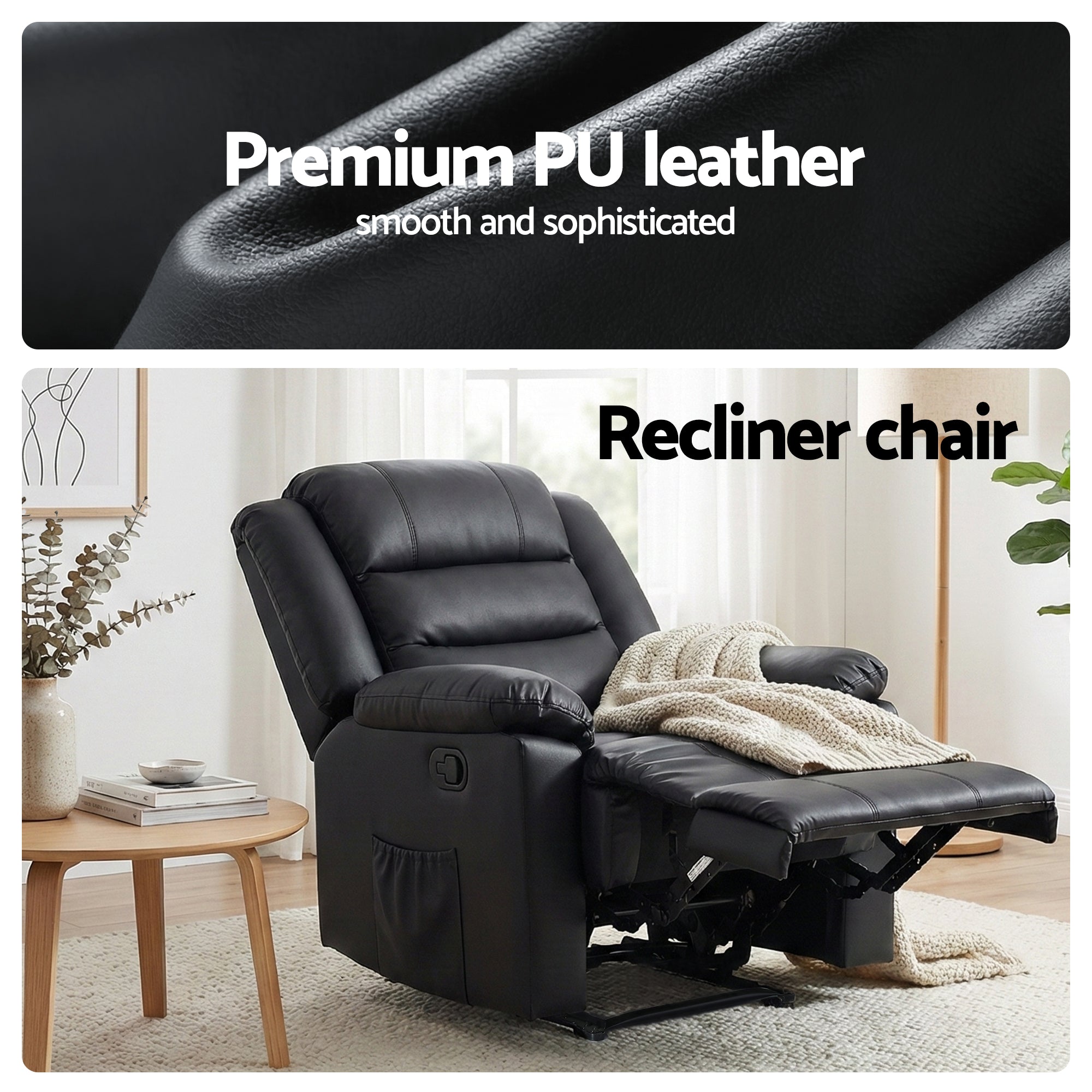 Artiss Manual Recliner Chair Leather Reclining Sofa with 16color Led Black RECLINER-A8-LED-BK-AB