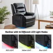 Artiss Manual Recliner Chair Leather Reclining Sofa with 16color Led Black RECLINER-A8-LED-BK-AB