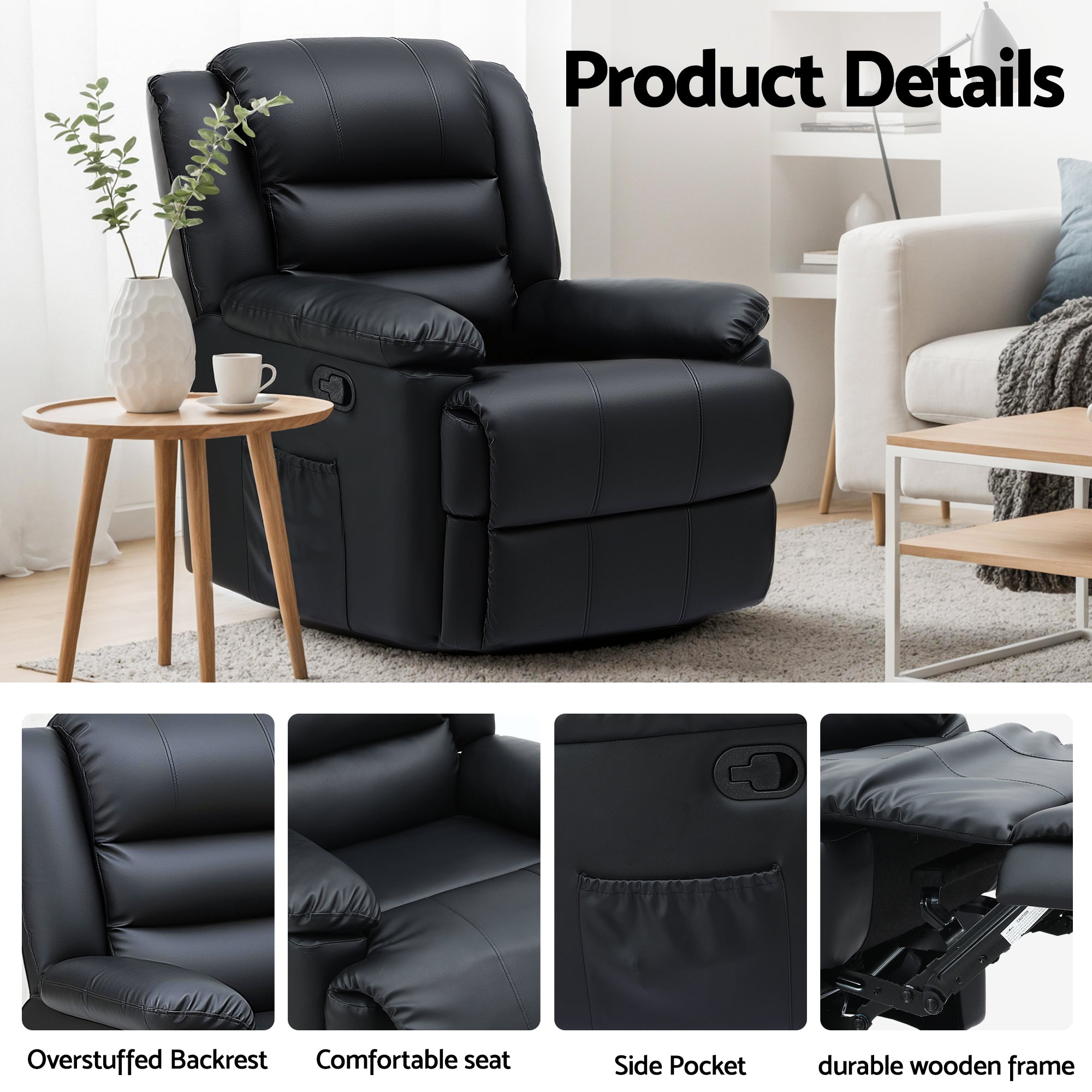 Artiss Manual Recliner Chair Leather Reclining Sofa with 16color Led Black RECLINER-A8-LED-BK-AB