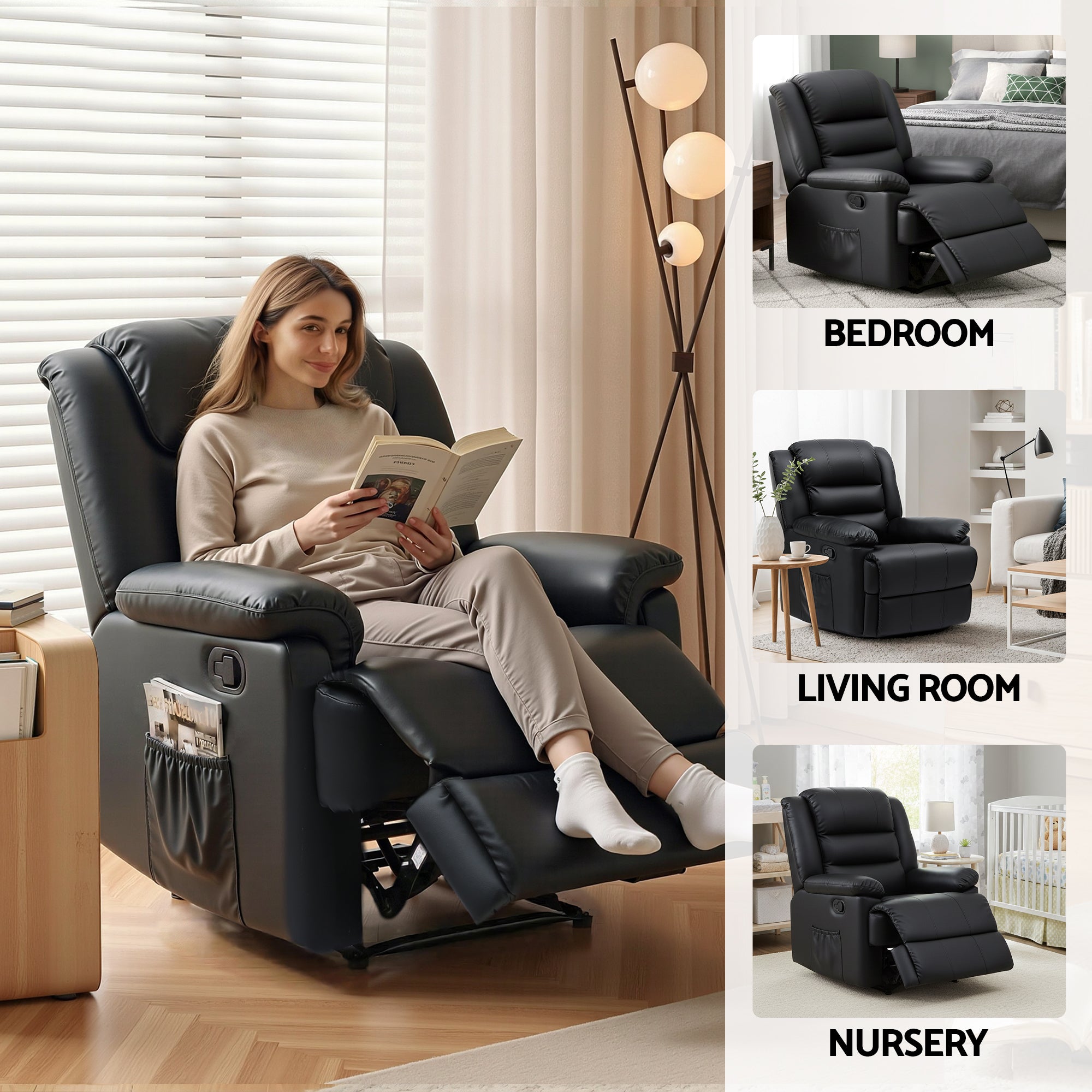 Artiss Manual Recliner Chair Leather Reclining Sofa with 16color Led Black RECLINER-A8-LED-BK-AB