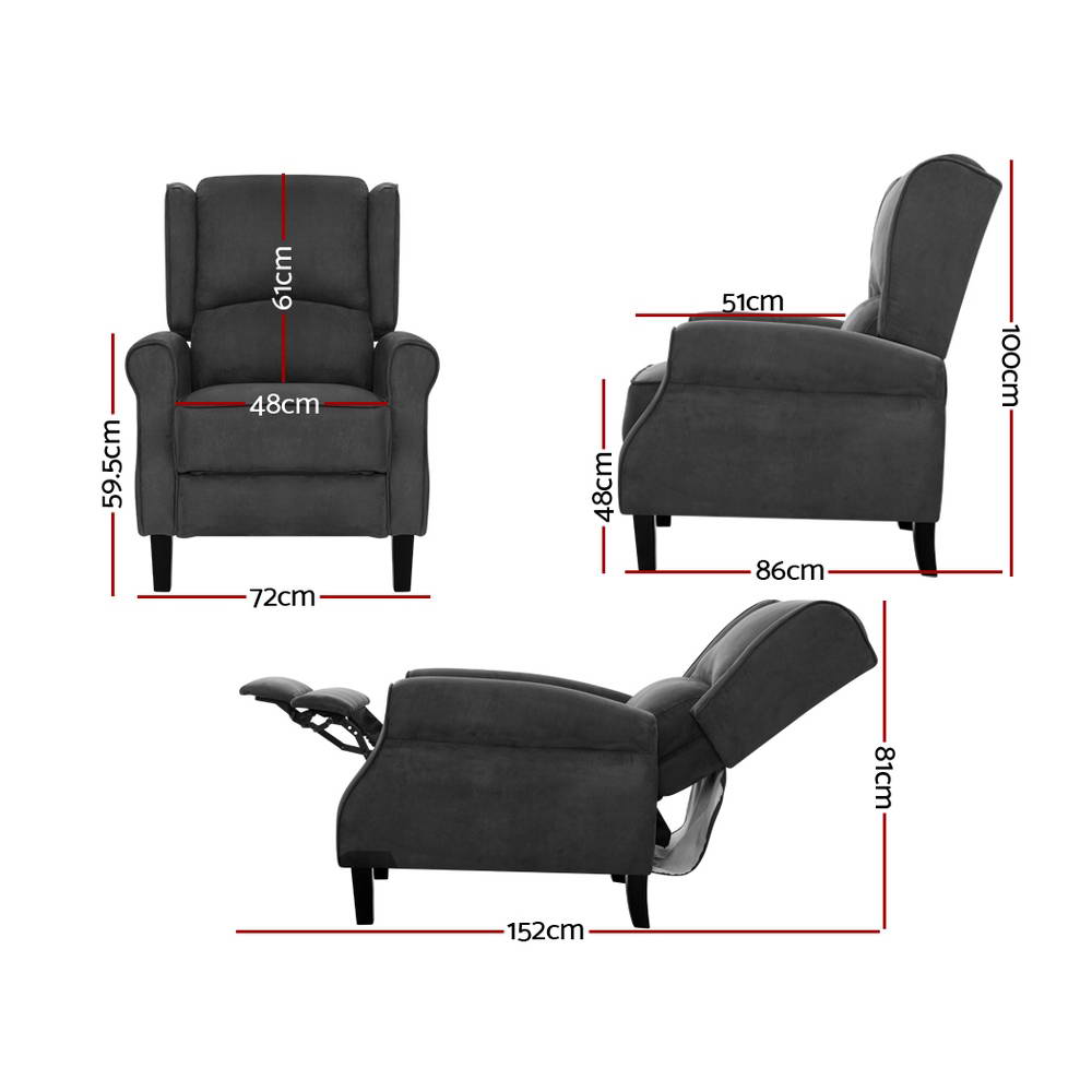 Artiss Recliner Chair Adjustable Sofa Lounge Soft Suede Armchair Couch Charcoal RECLINER-B-9218-LIN-CHA