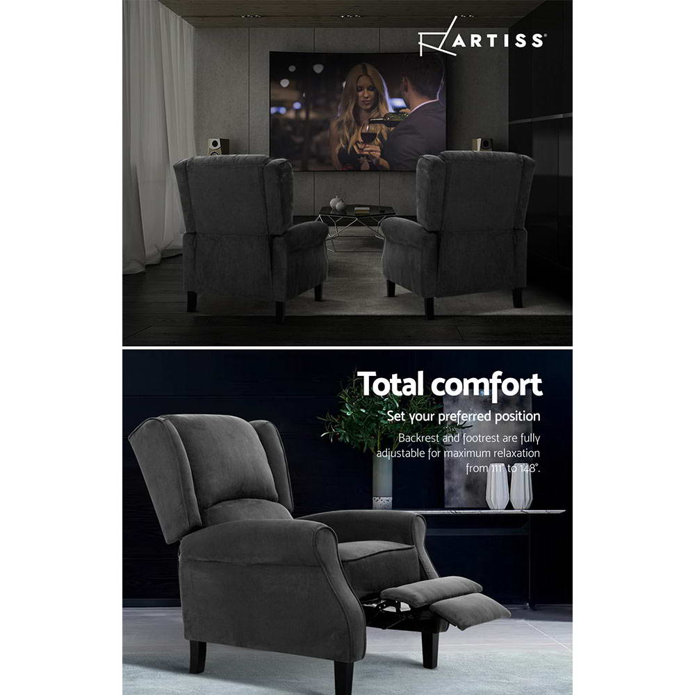 Artiss Recliner Chair Adjustable Sofa Lounge Soft Suede Armchair Couch Charcoal RECLINER-B-9218-LIN-CHA