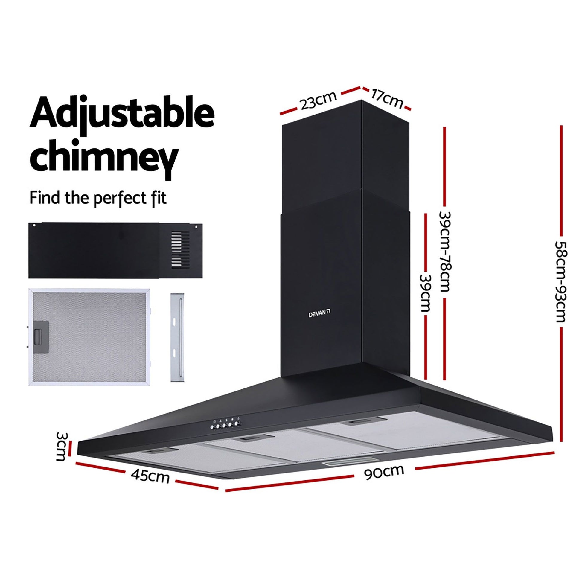 Devanti 900mm Range Hood 90cm Rangehood Black RH-D-A17-90-BK