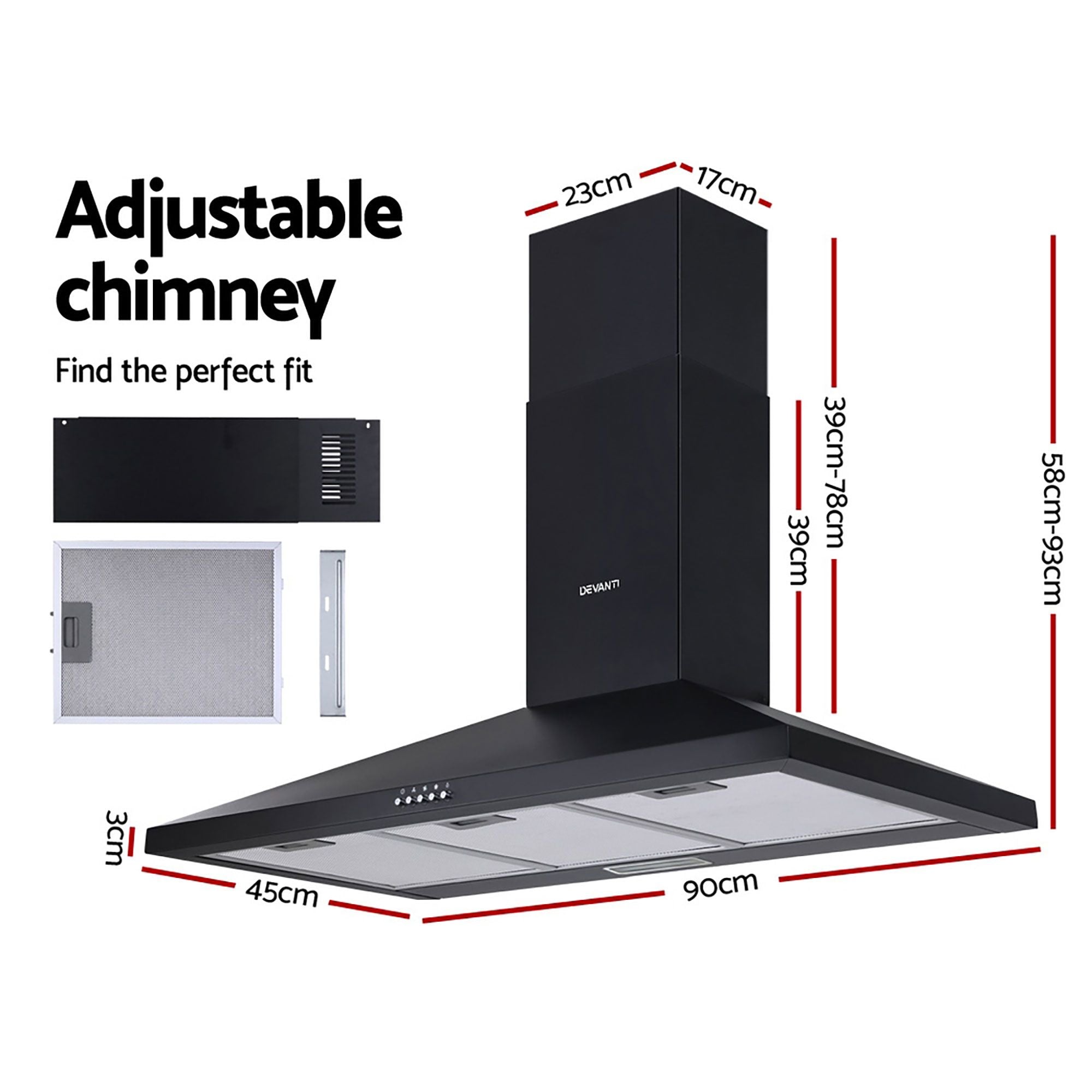 Devanti 900mm Range Hood 90cm Rangehood Black RH-D-A17-90-BK