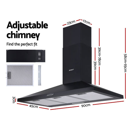 Devanti 900mm Range Hood 90cm Rangehood Black RH-D-A17-90-BK