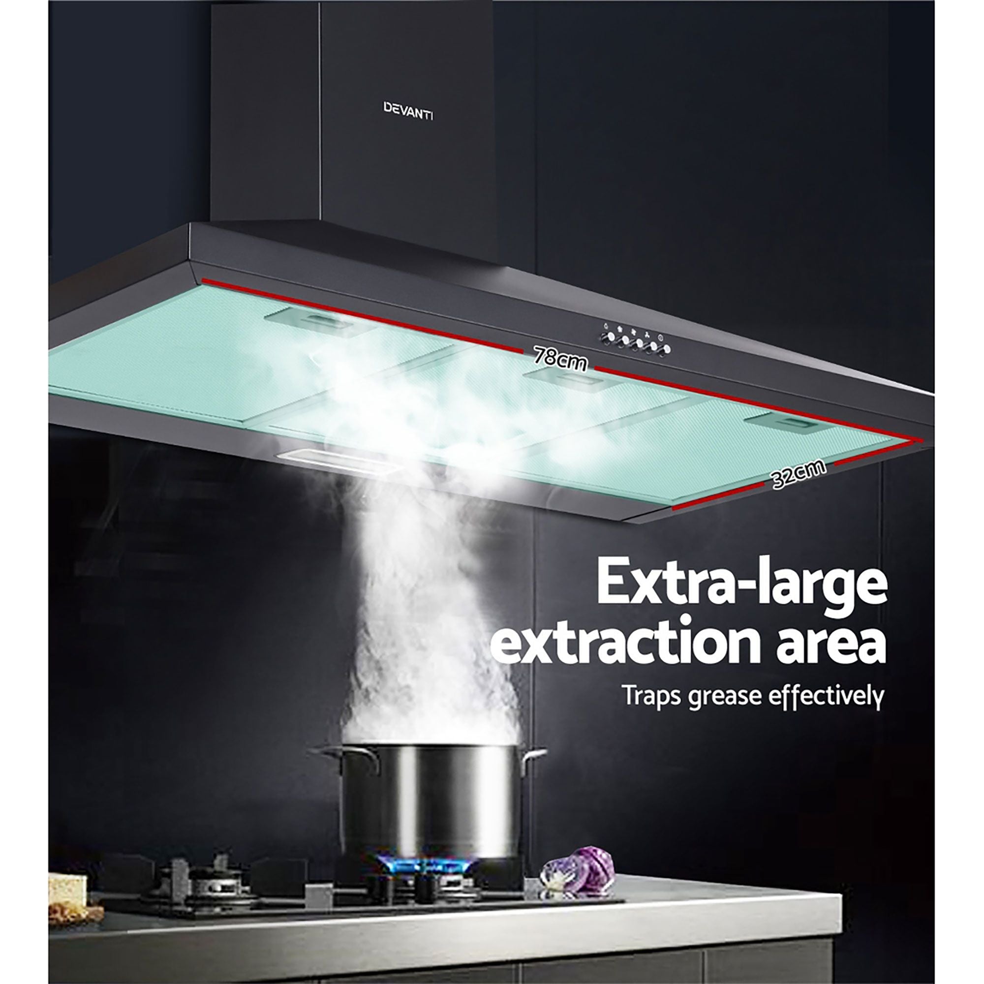 Devanti 900mm Range Hood 90cm Rangehood Black RH-D-A17-90-BK