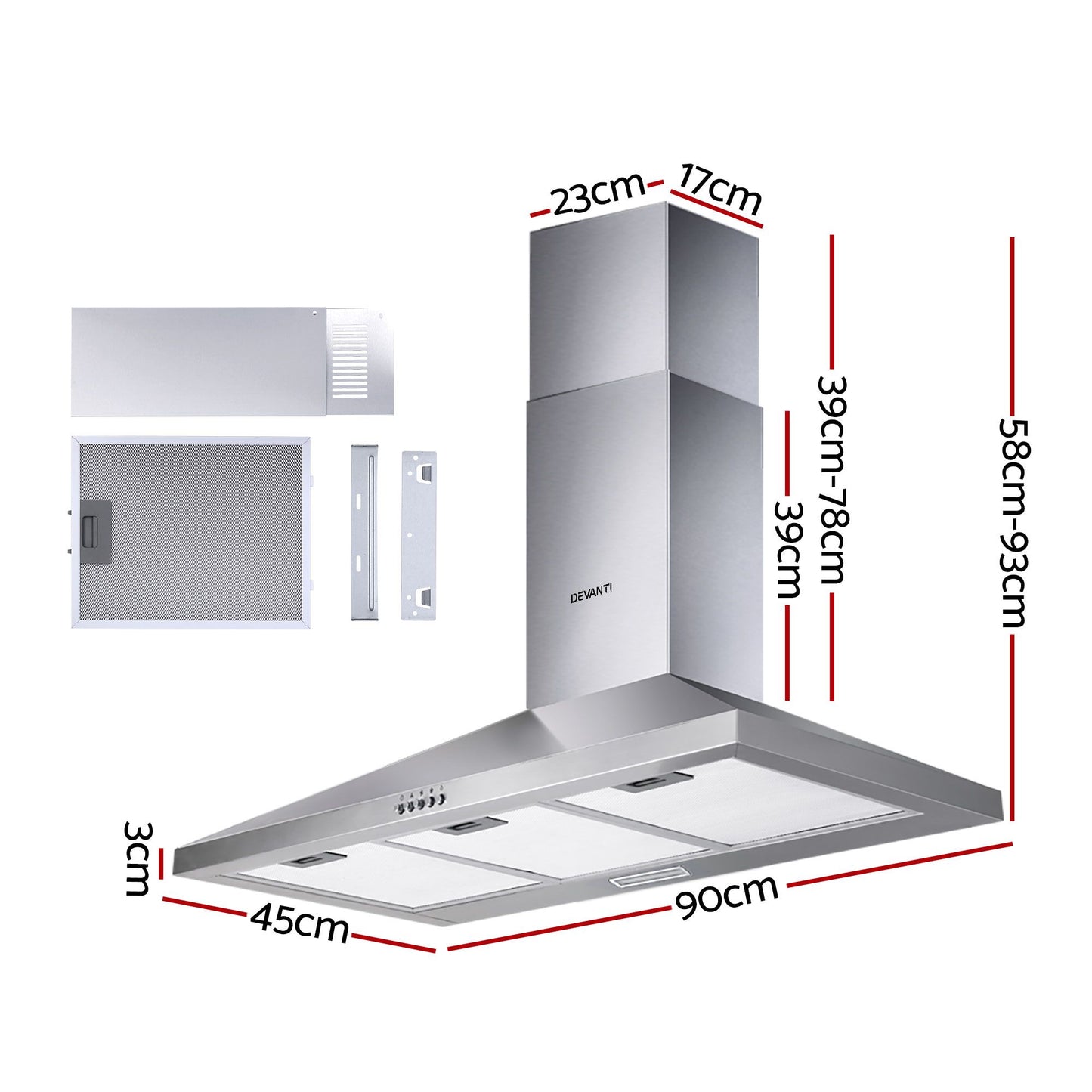 Devanti 900mm Range Hood 90cm Rangehood Stainless Steel RH-D-A17-90-SR