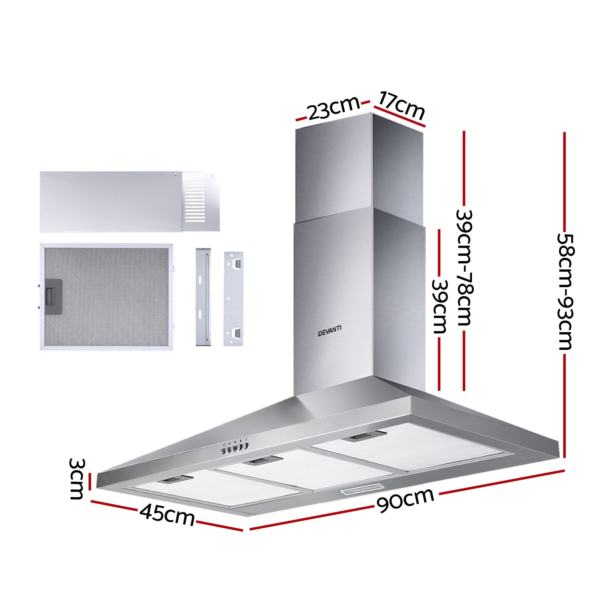Devanti 900mm Range Hood 90cm Rangehood Stainless Steel RH-D-A17-90-SR