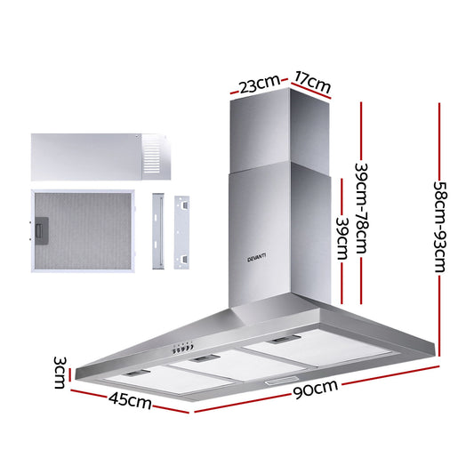 Devanti 900mm Range Hood 90cm Rangehood Stainless Steel RH-D-A17-90-SR