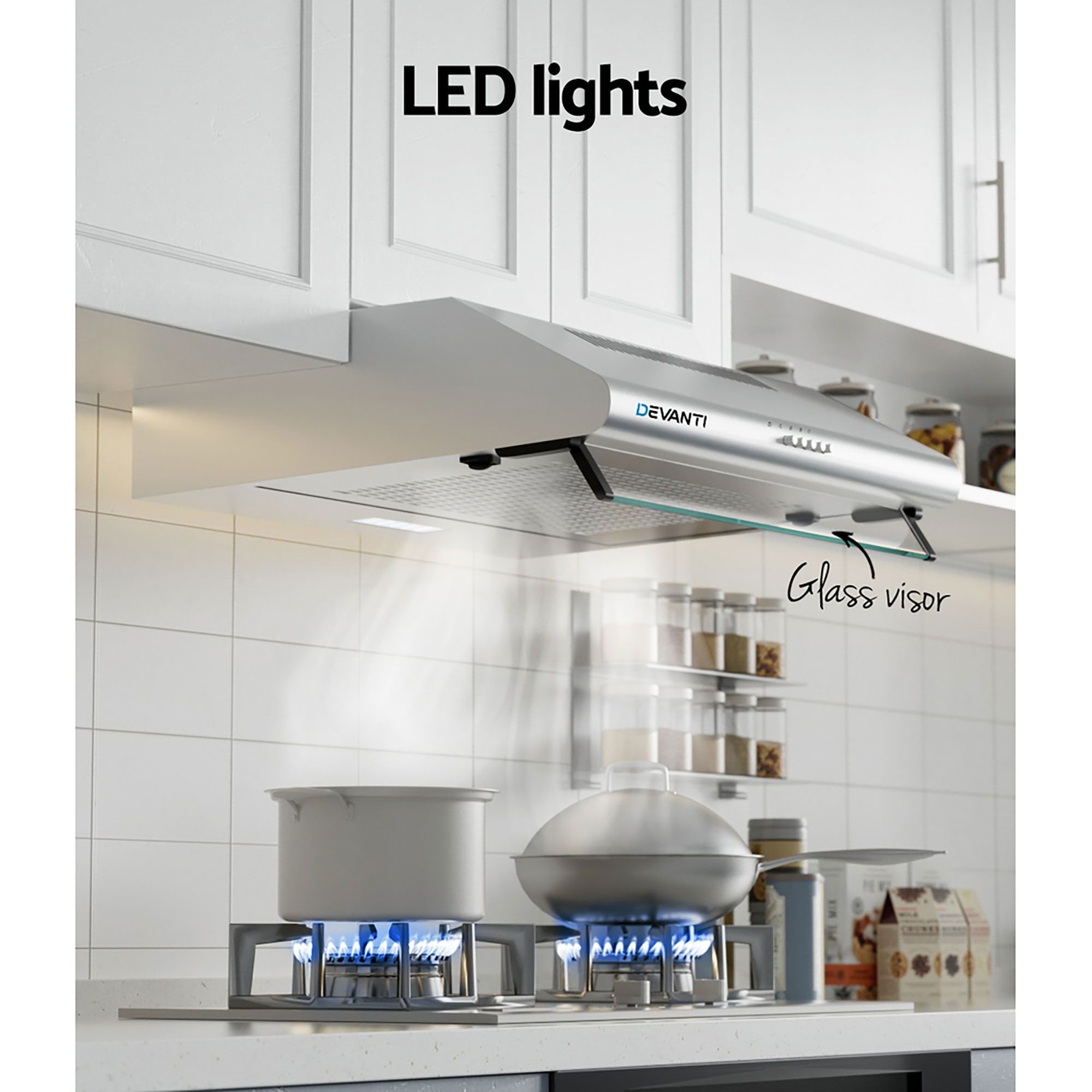 Devanti 600mm Range Hood 60cm Rangehood Kitchen Canopy LED Light Stainless Steel RH-D-GF49-60-SR