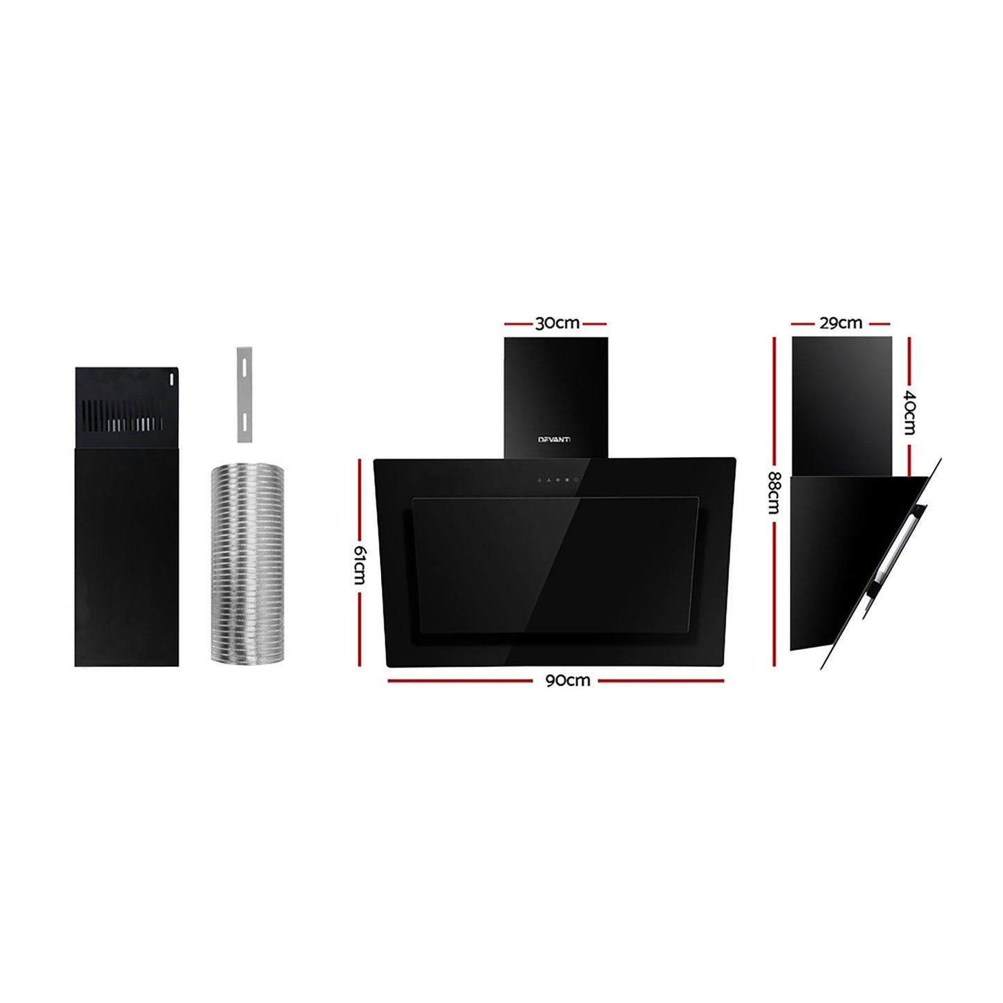 Devanti 900mm Range Hood 90cm Rangehood Glass Black RH-D-J82-90-BK