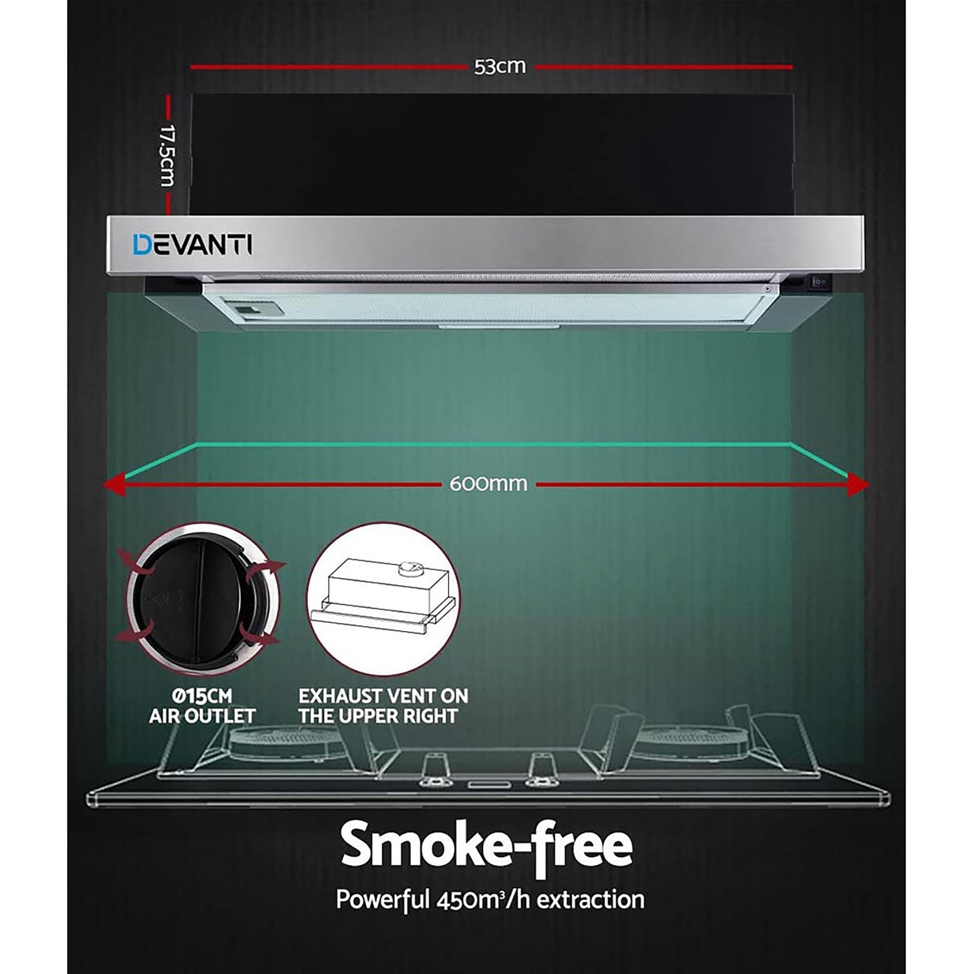 Devanti 600mm Range Hood 60cm Slide out Rangehood Stainless Steel RH-D-L03-60-BK