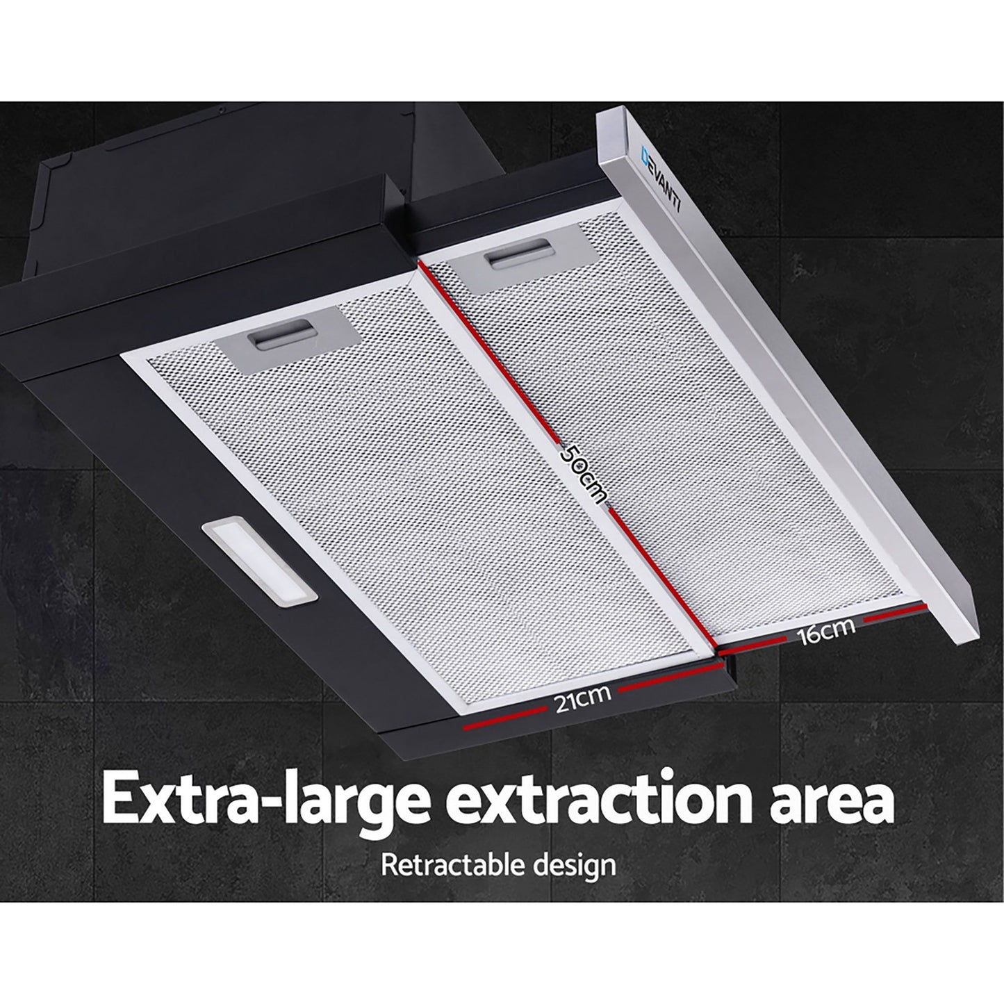 Devanti 600mm Range Hood 60cm Slide out Rangehood Stainless Steel RH-D-L03-60-BK