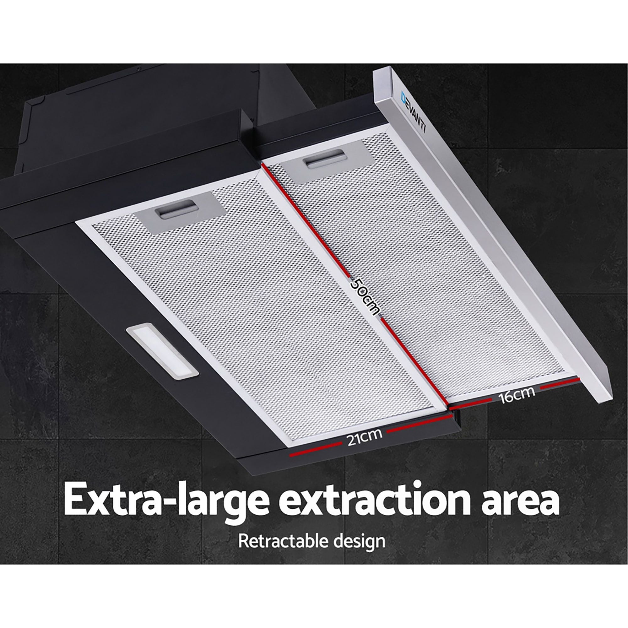 Devanti 600mm Range Hood 60cm Slide out Rangehood Stainless Steel RH-D-L03-60-BK