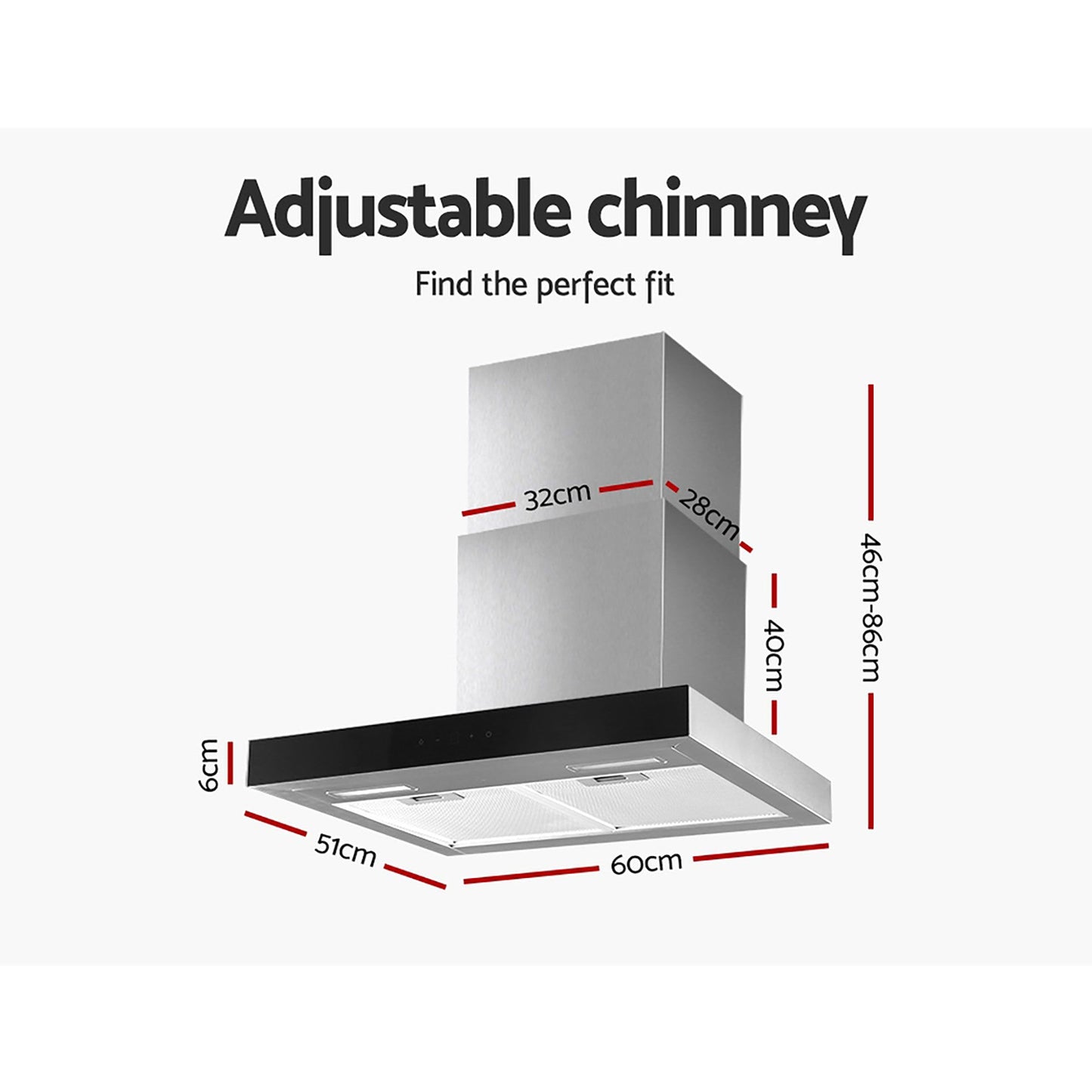 Devanti 600mm Range Hood 60cm Rangehood Glass Stainless Steel RH-D-M75-60-SR-BK