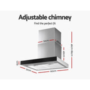 Devanti 600mm Range Hood 60cm Rangehood Glass Stainless Steel RH-D-M75-60-SR-BK