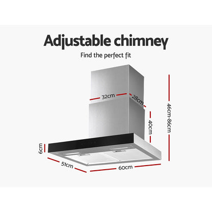 Devanti 600mm Range Hood 60cm Rangehood Glass Stainless Steel RH-D-M75-60-SR-BK