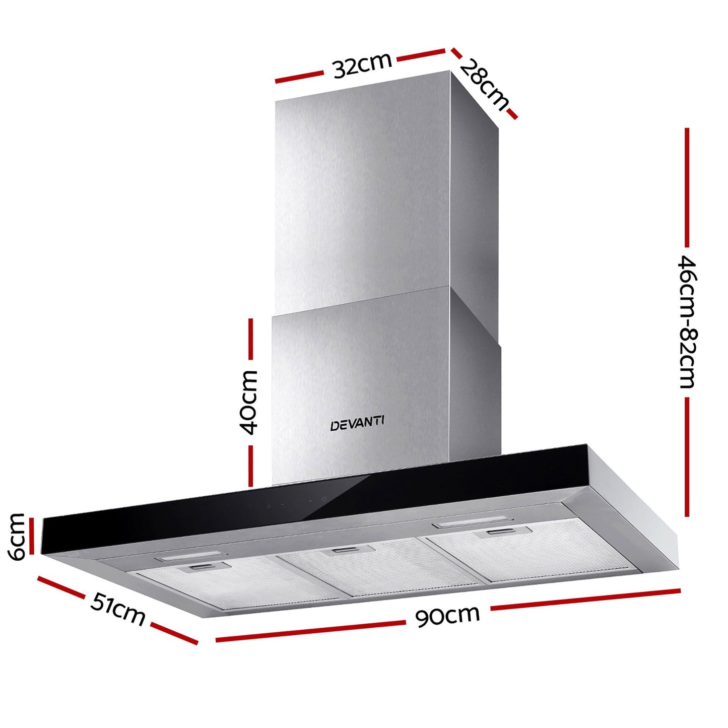 Devanti 900mm Range Hood 90cm Rangehood Glass Stainless Steel RH-D-M75-90-SR-BK