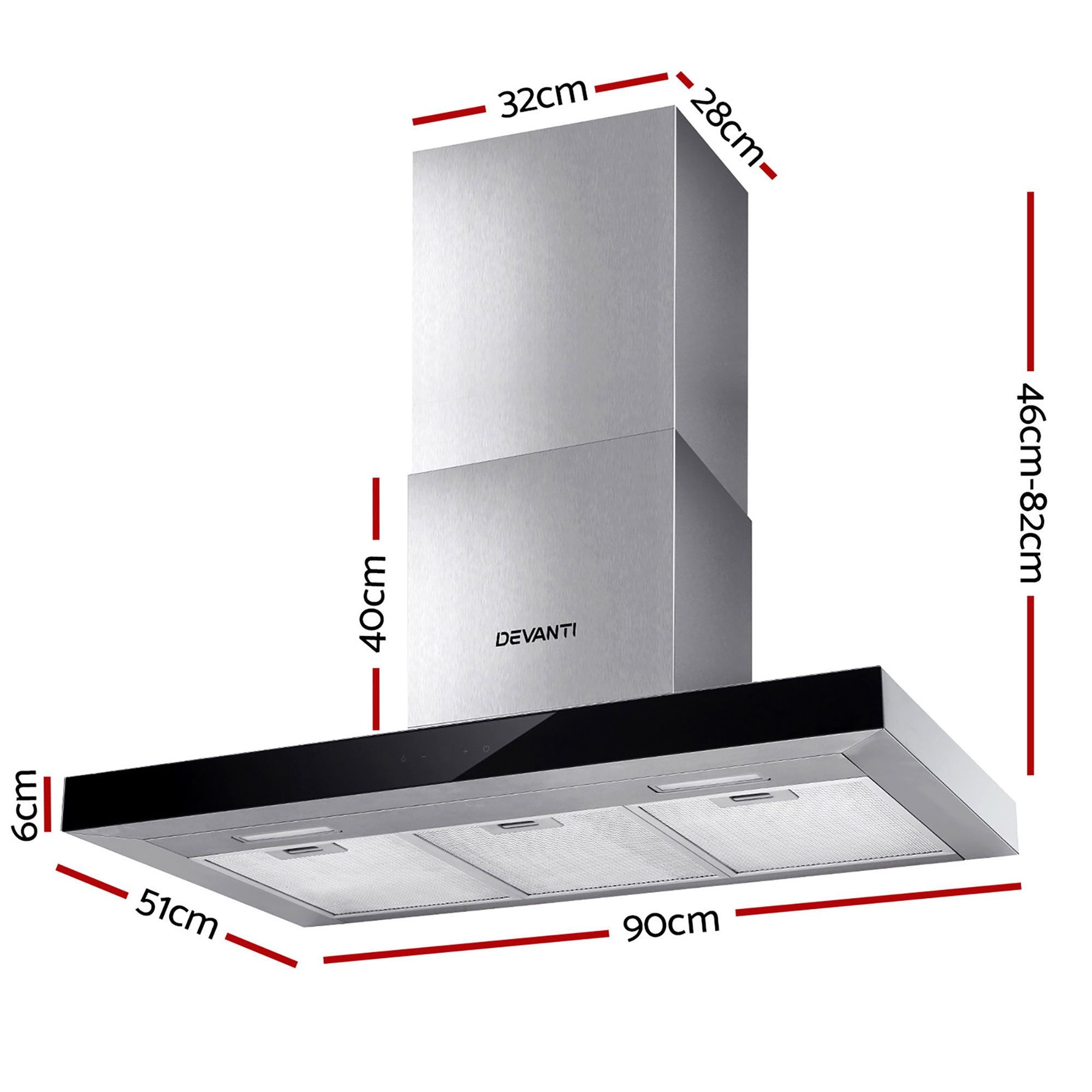 Devanti 900mm Range Hood 90cm Rangehood Glass Stainless Steel RH-D-M75-90-SR-BK