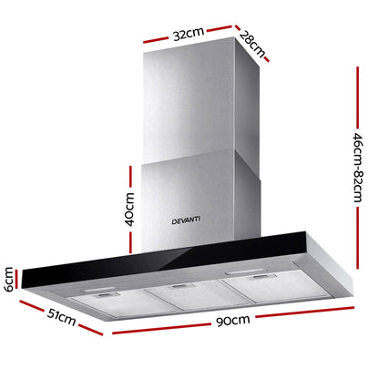 Devanti 900mm Range Hood 90cm Rangehood Glass Stainless Steel RH-D-M75-90-SR-BK