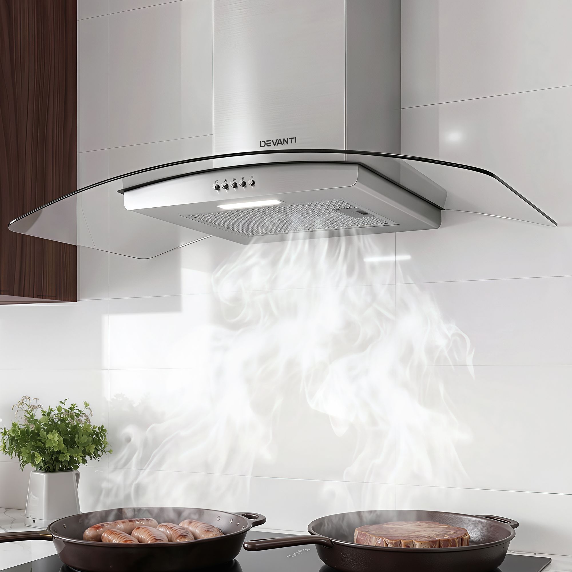 Devanti 90cm Range Hood Curved Glass Canopy Rangehood Kitchen Exhaust Fan RH-D-V17-90