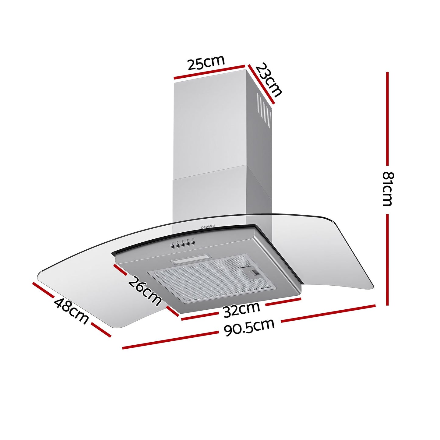 Devanti 90cm Range Hood Curved Glass Canopy Rangehood Kitchen Exhaust Fan RH-D-V17-90