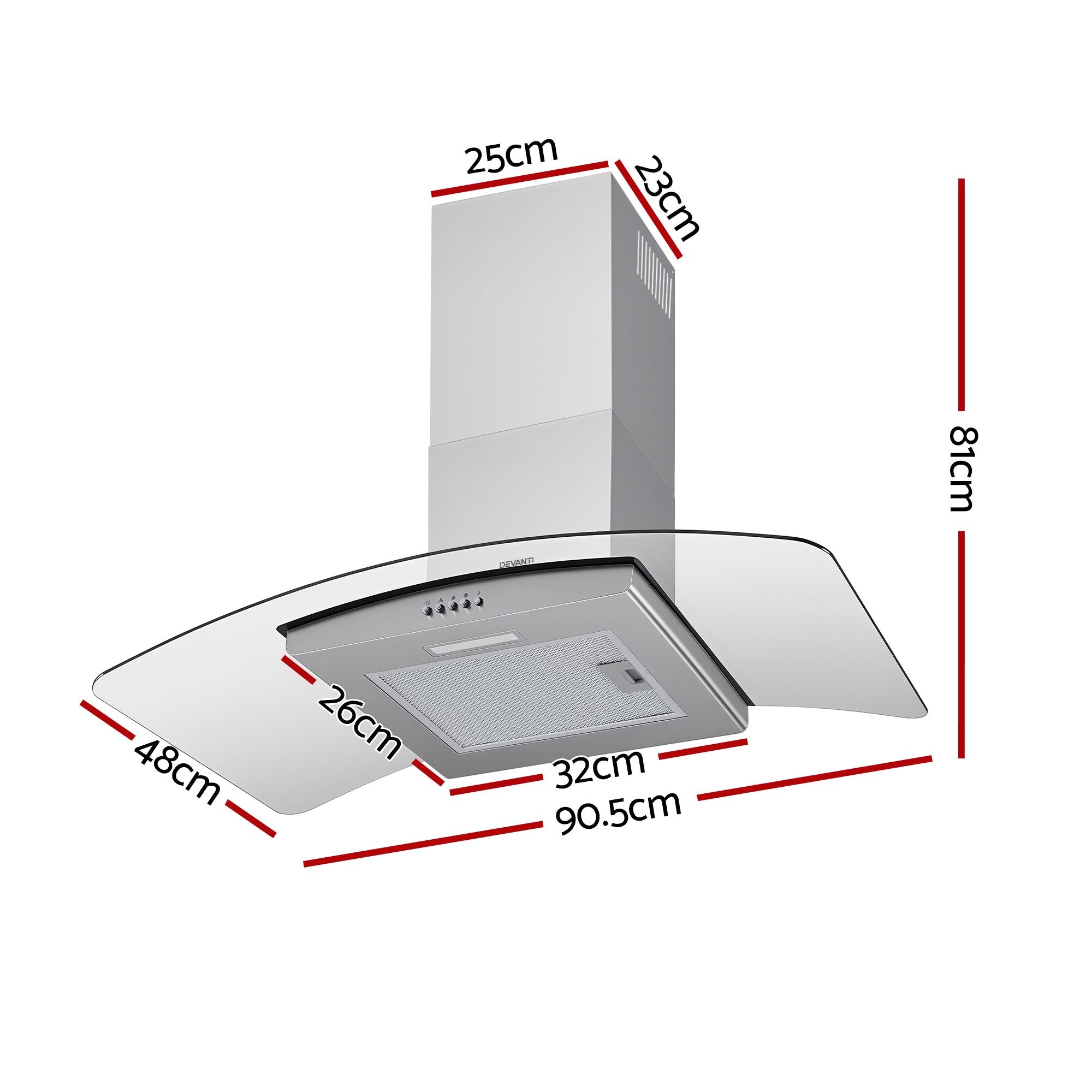 Devanti 90cm Range Hood Curved Glass Canopy Rangehood Kitchen Exhaust Fan RH-D-V17-90