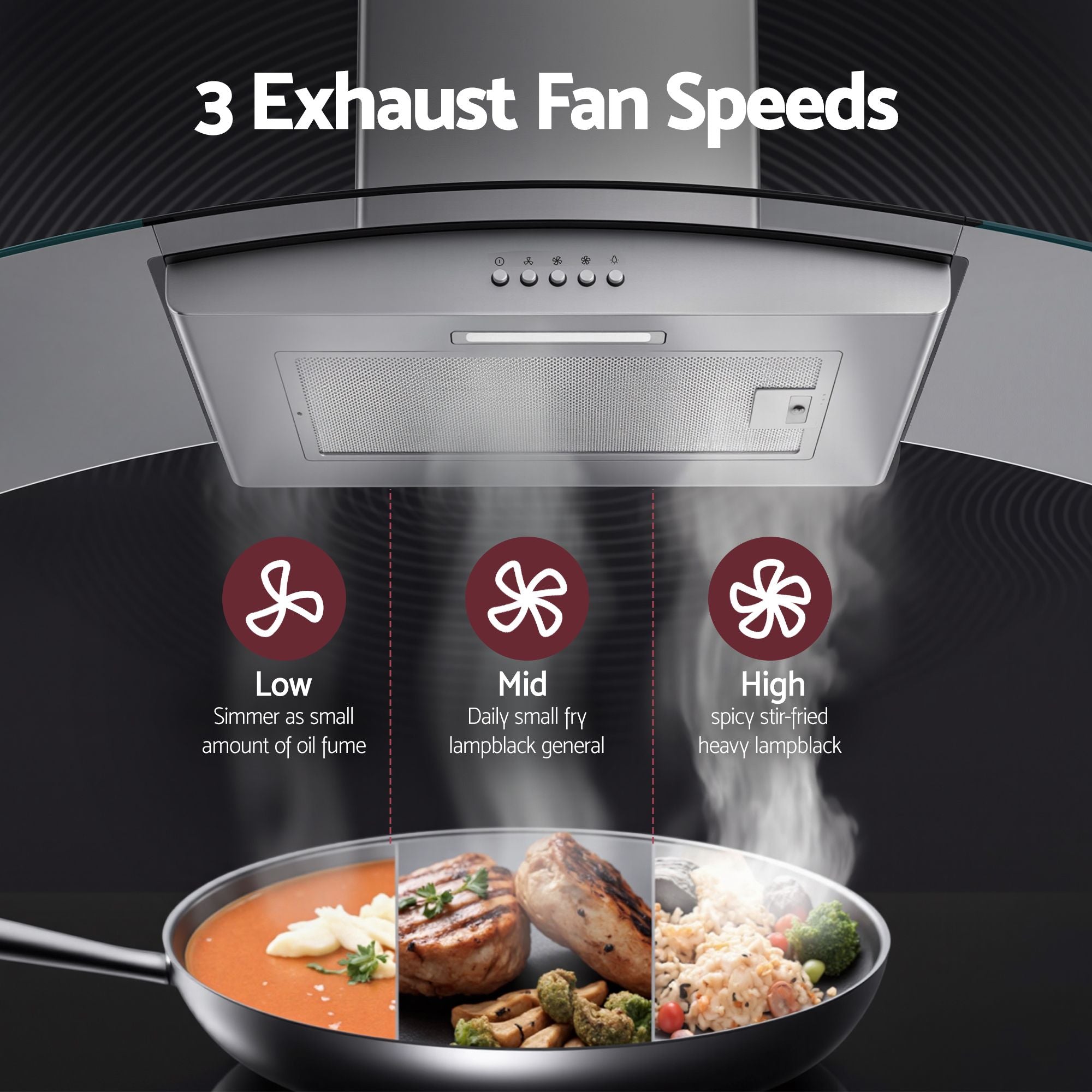 Devanti 90cm Range Hood Curved Glass Canopy Rangehood Kitchen Exhaust Fan RH-D-V17-90