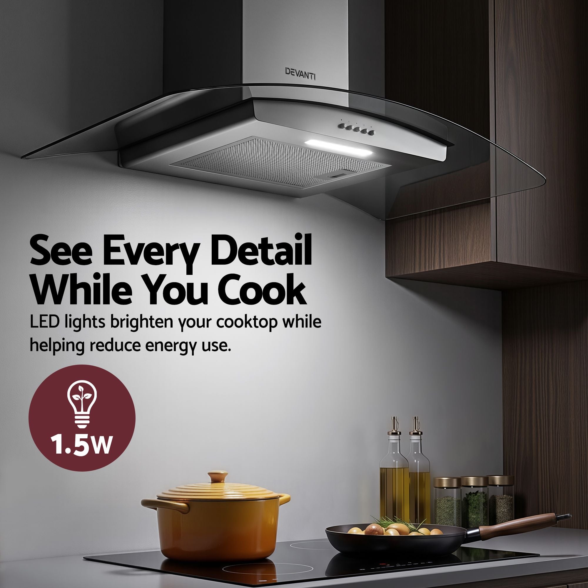 Devanti 90cm Range Hood Curved Glass Canopy Rangehood Kitchen Exhaust Fan RH-D-V17-90