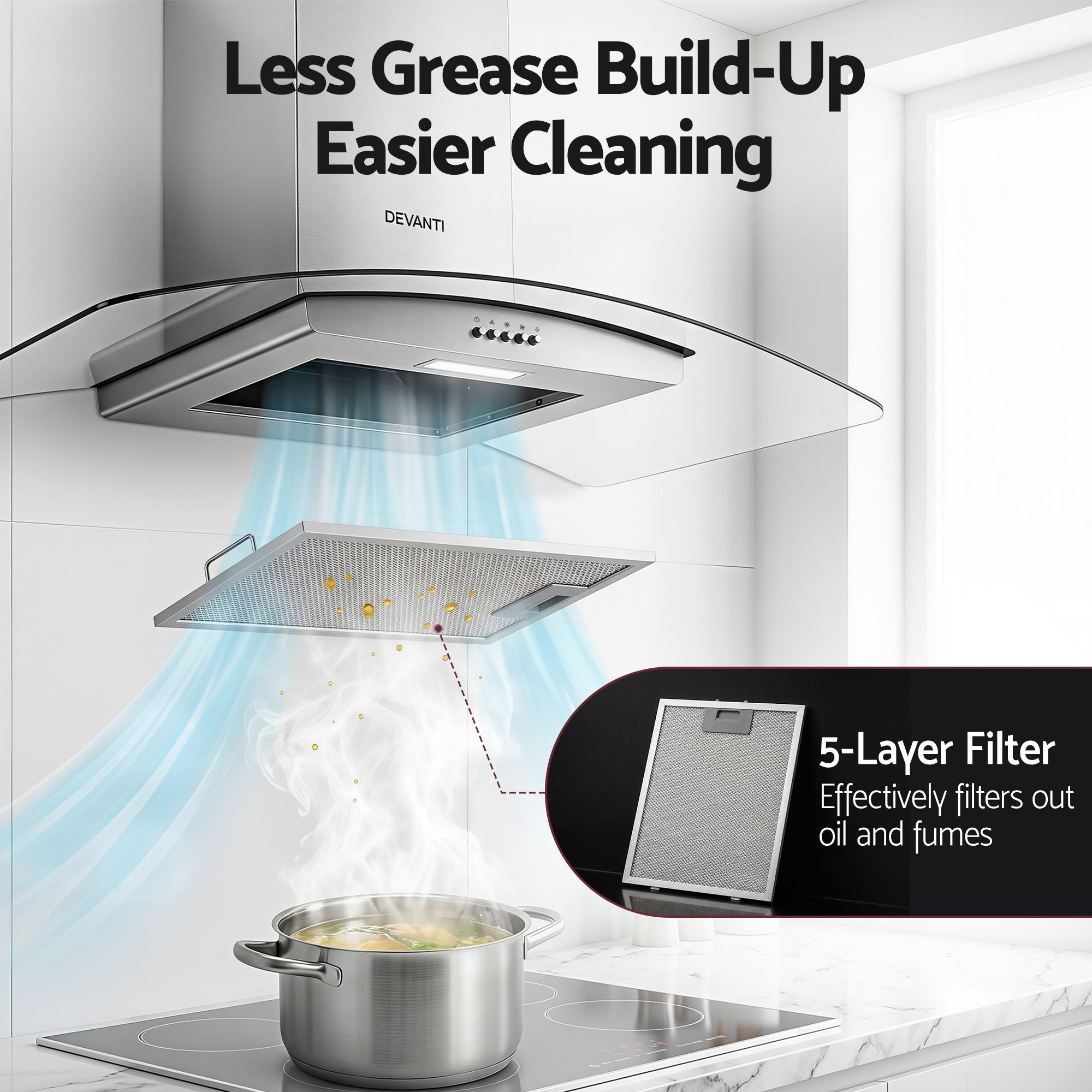 Devanti 90cm Range Hood Curved Glass Canopy Rangehood Kitchen Exhaust Fan RH-D-V17-90