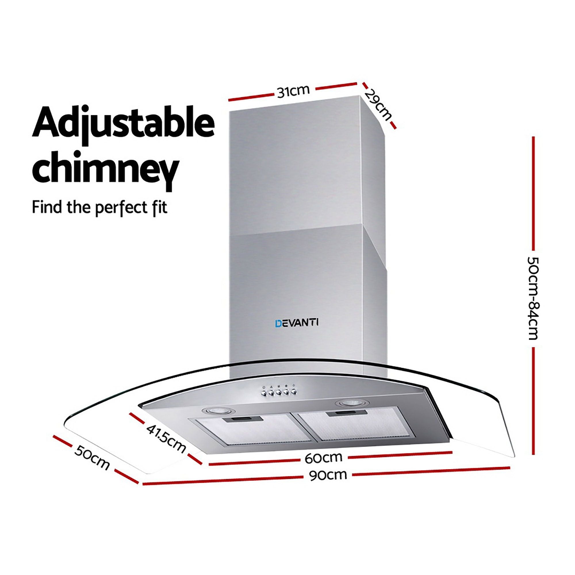 Devanti 900mm Range Hood 90cm Rangehood Glass Canopy RH-D-V71-MC-90