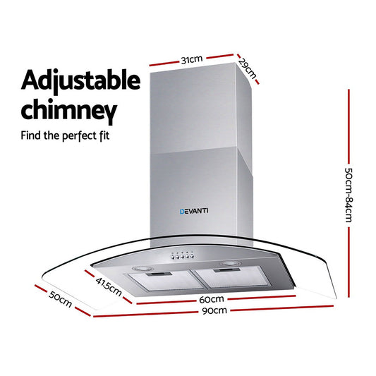 Devanti 900mm Range Hood 90cm Rangehood Glass Canopy RH-D-V71-MC-90