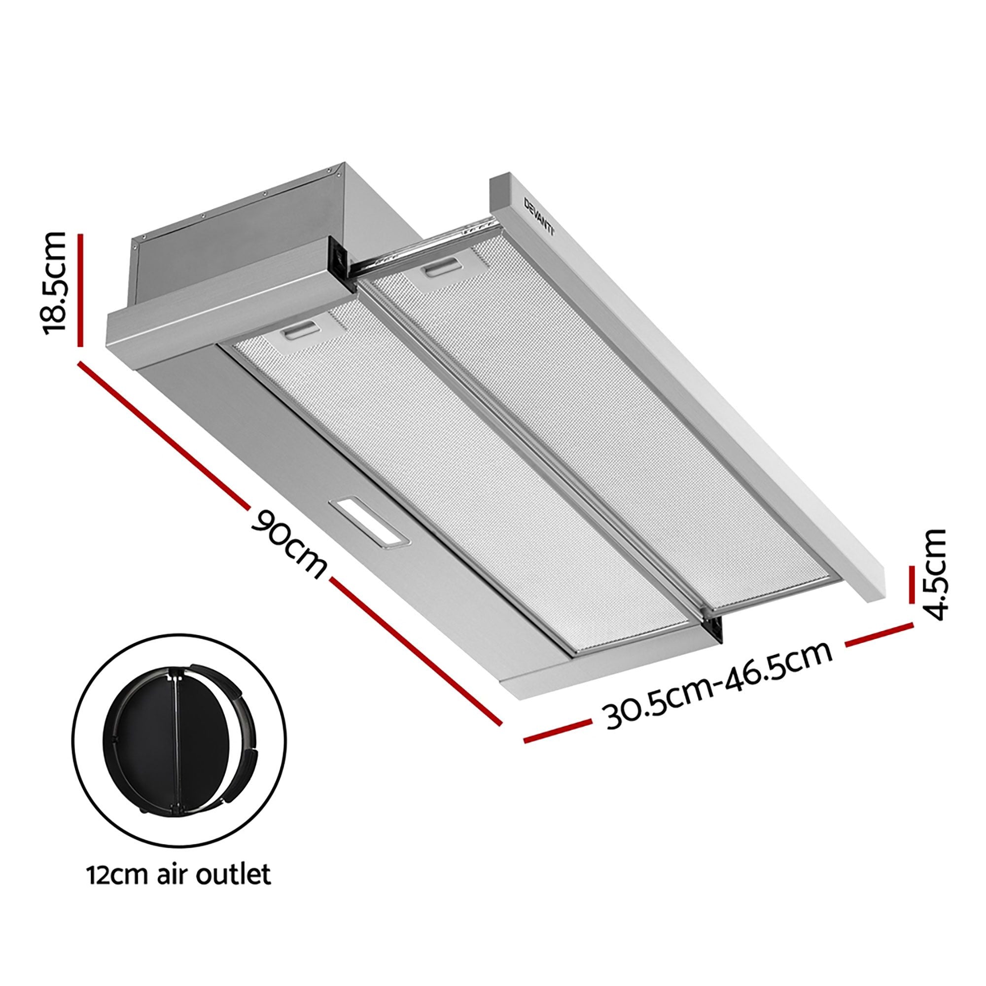 Devanti 900mm Range Hood 90cm Slide out Rangehood Stainless Steel RH-E-L04-90-SS