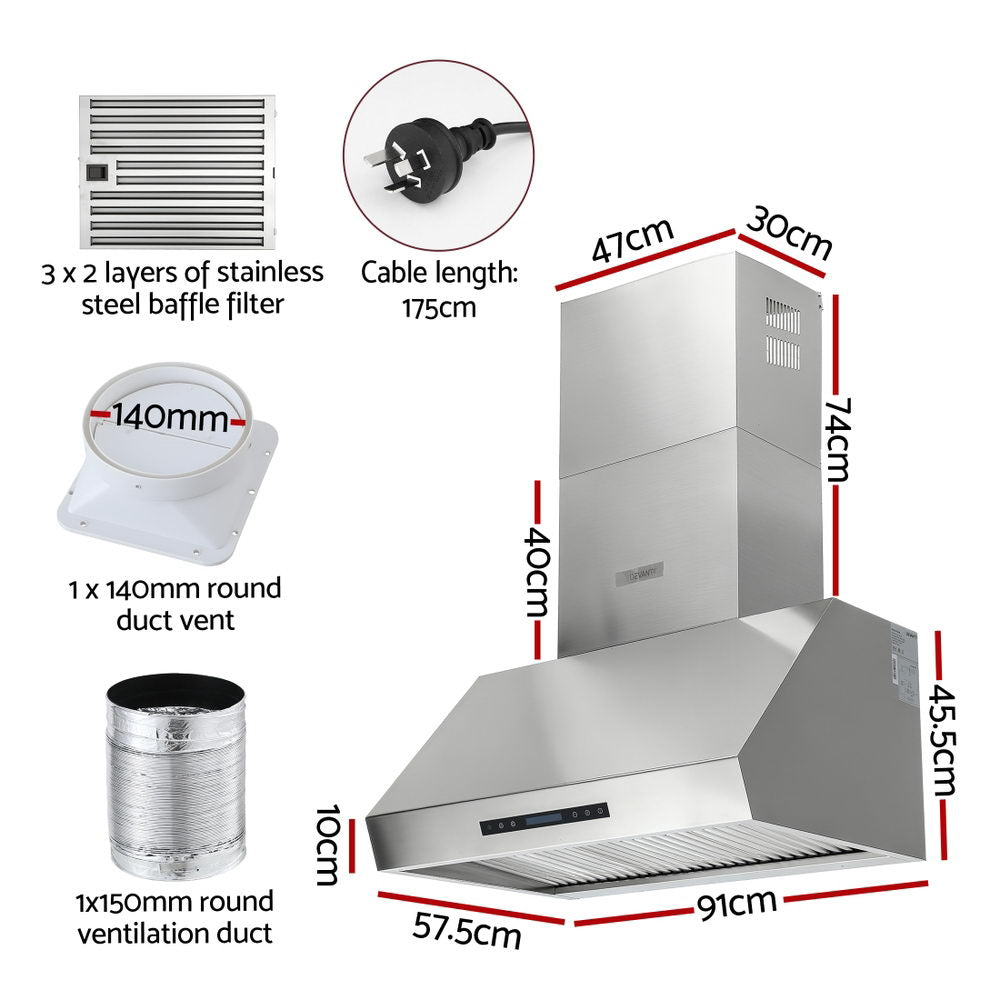 Devanti 900mm Range Hood 3-Speed Fan LED Display Remote Control RH-RC-90-SS