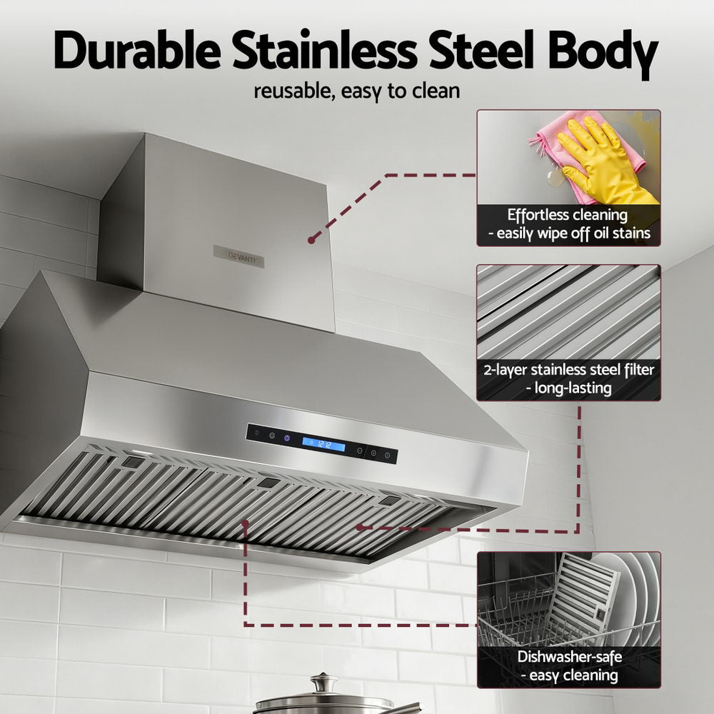 Devanti 900mm Range Hood 3-Speed Fan LED Display Remote Control RH-RC-90-SS