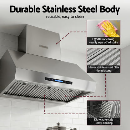 Devanti 900mm Range Hood 3-Speed Fan LED Display Remote Control RH-RC-90-SS