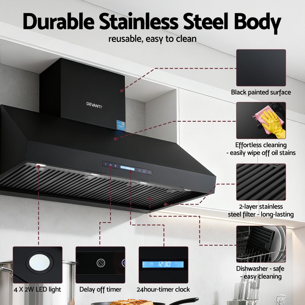Devanti 1200mm Commercial BBQ Range Hood Dual Motor W/ Remote Control Black RH-RC-BBQ-1200