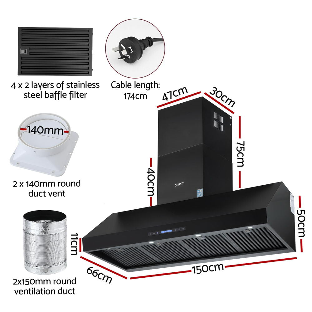 Devanti 1500mm Commercial BBQ Range Hood Dual Motor W/ Remote Control Black RH-RC-BBQ-1500