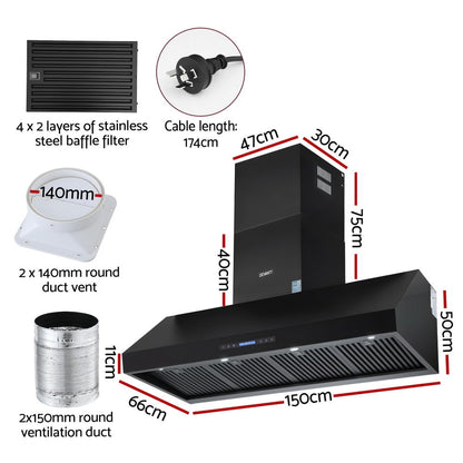 Devanti 1500mm Commercial BBQ Range Hood Dual Motor W/ Remote Control Black RH-RC-BBQ-1500