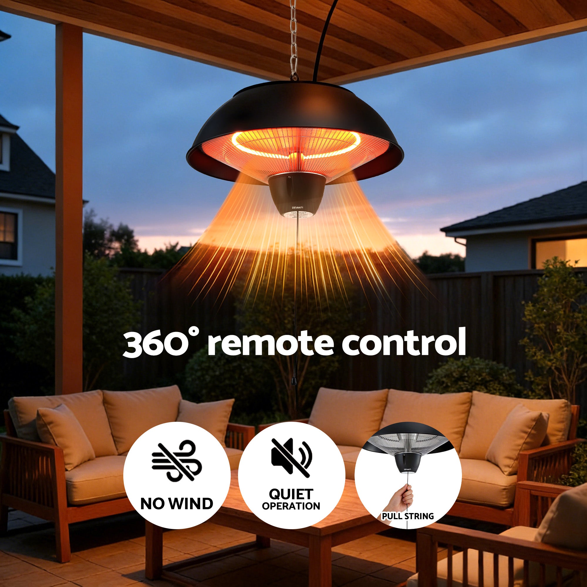 Devanti 1500W Electric Patio Infrared Heater Hanging Heaters Ceiling Mounted Remote RHP-CEH1-1500W-BK