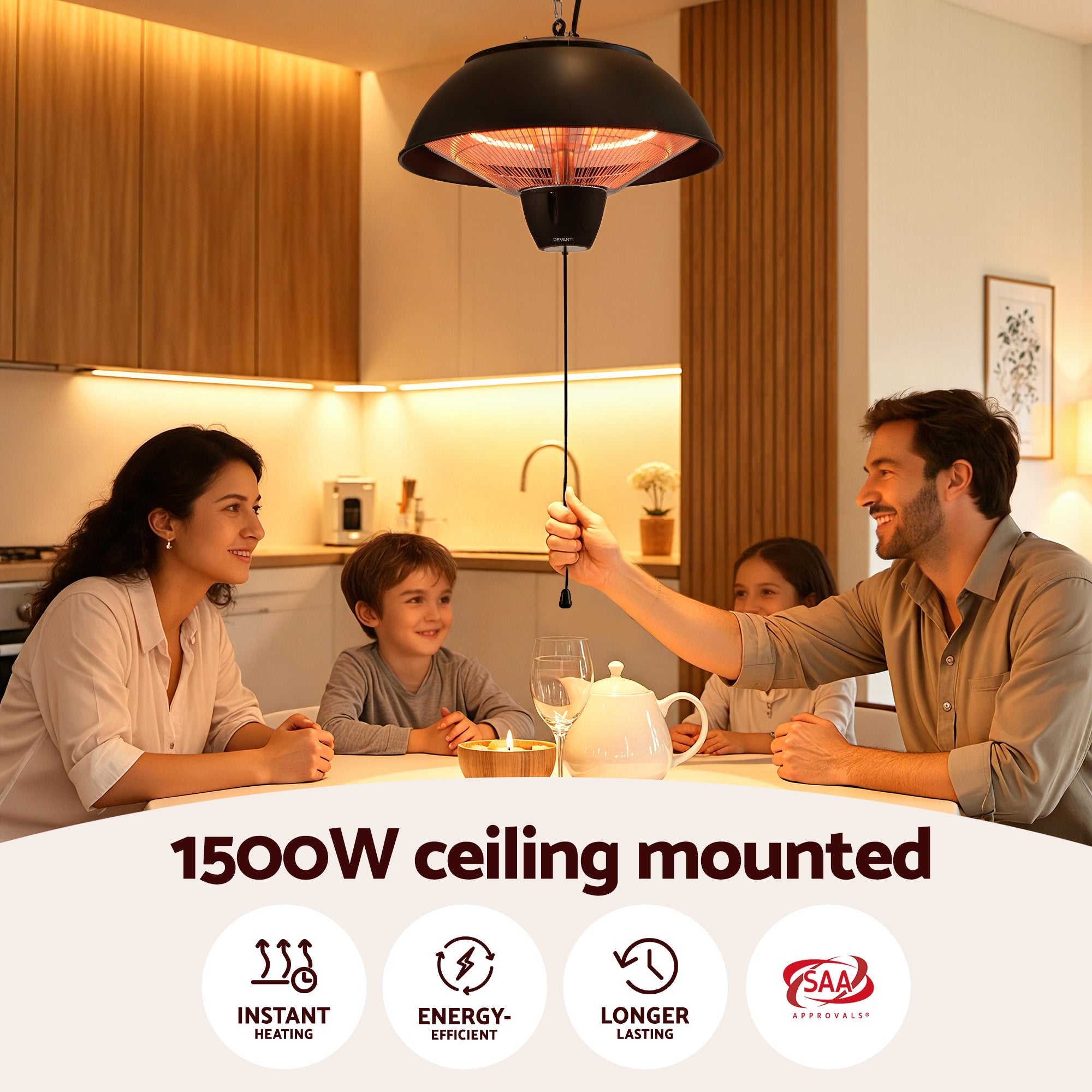 Devanti 1500W Electric Patio Infrared Heater Hanging Heaters Ceiling Mounted Remote RHP-CEH1-1500W-BK