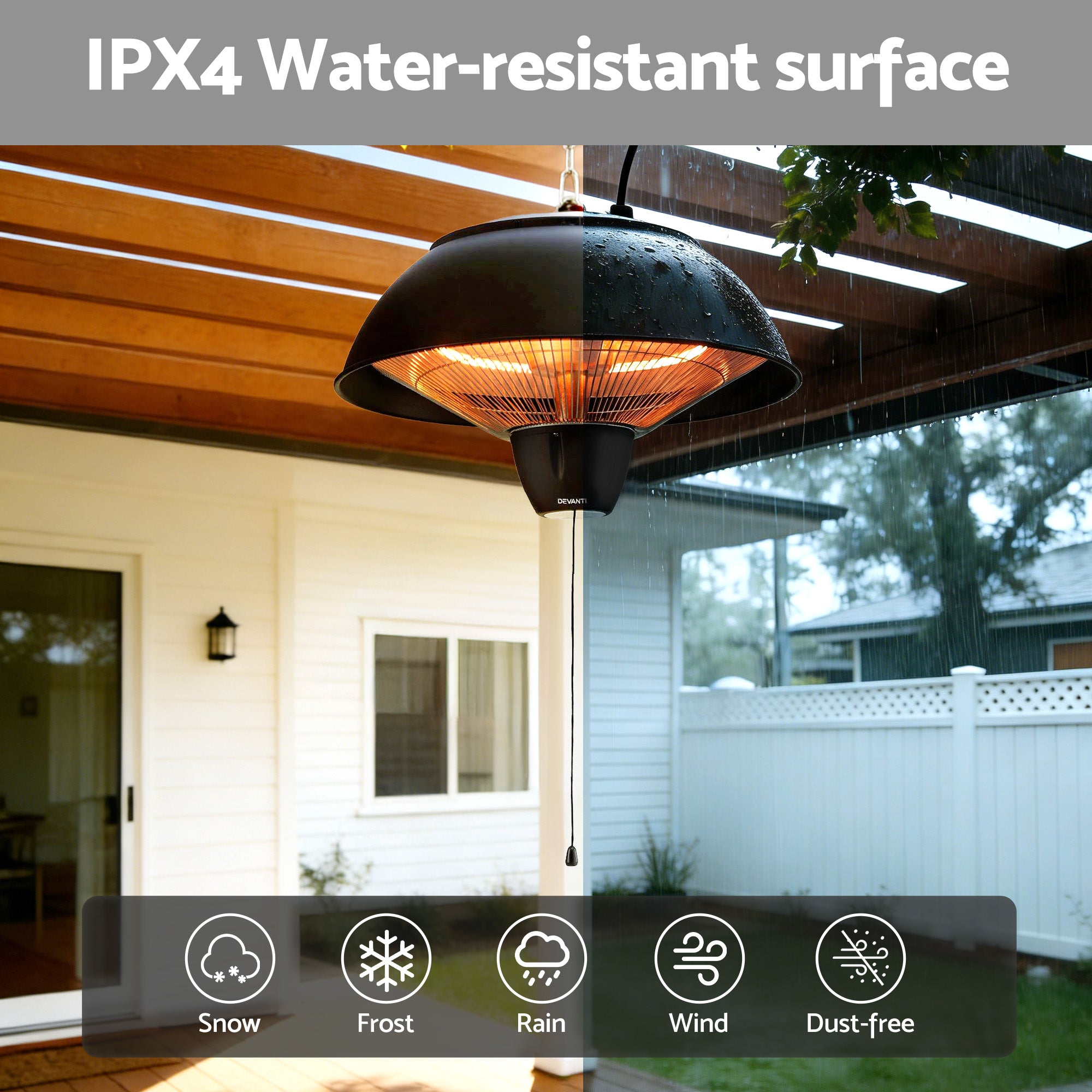 Devanti 1500W Electric Patio Infrared Heater Hanging Heaters Ceiling Mounted Remote RHP-CEH1-1500W-BK