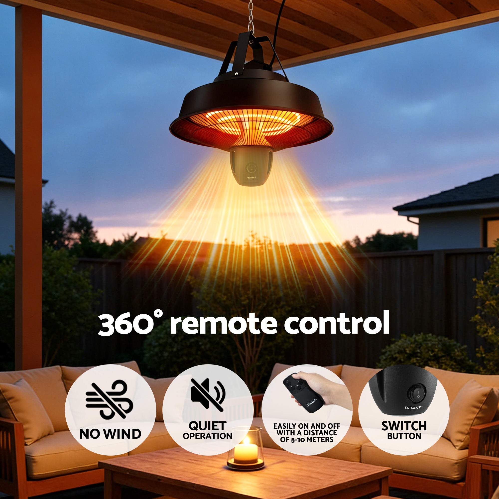 Devanti 2000W Electric Patio Heater Ceiling Mounted Hanging Heaters Remote RHP-CEH3-2000W-BK