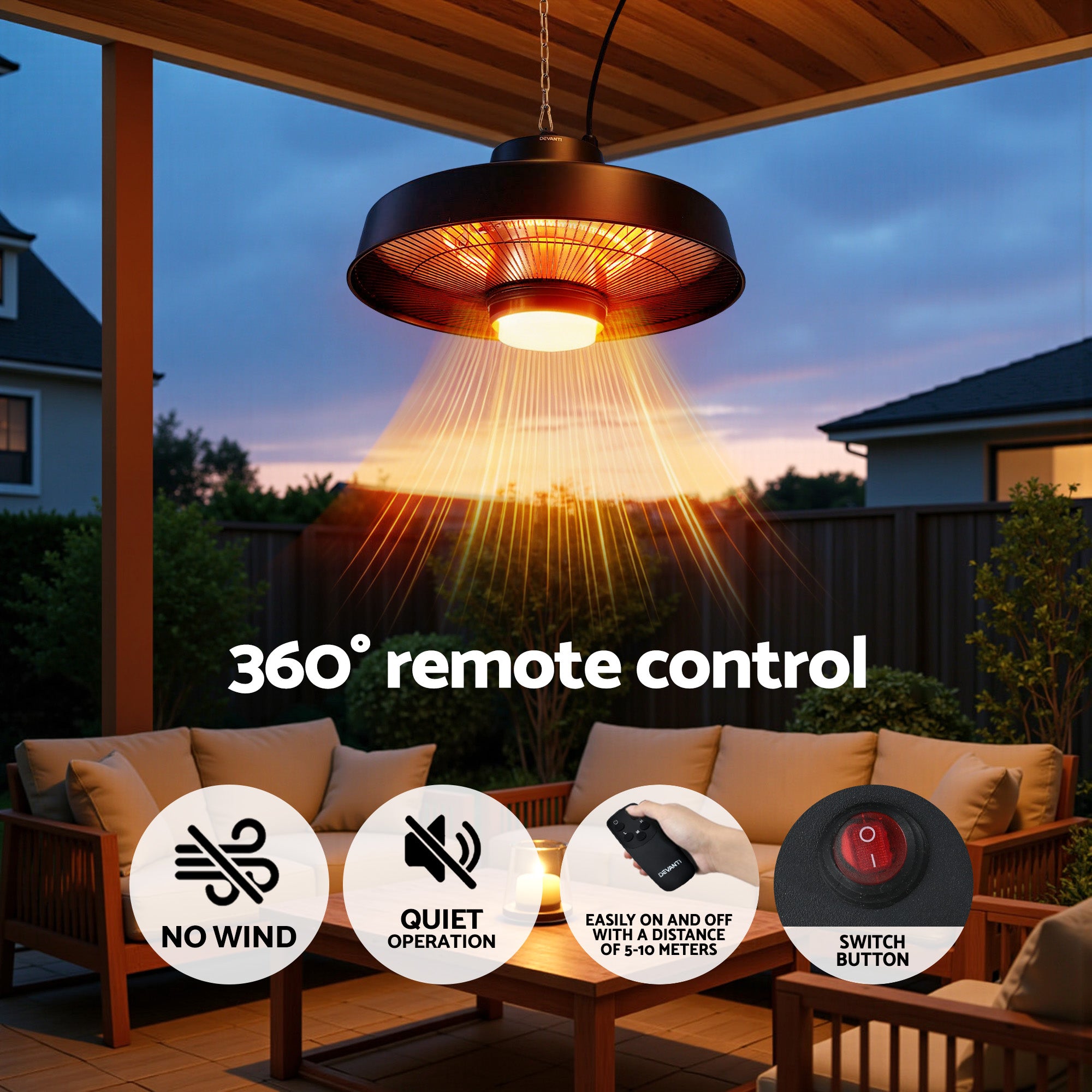 Devanti 2000W Outdoor Electric Patio Heater Ceiling Mount with LED Light Remote RHP-CEH6-2000W-BK